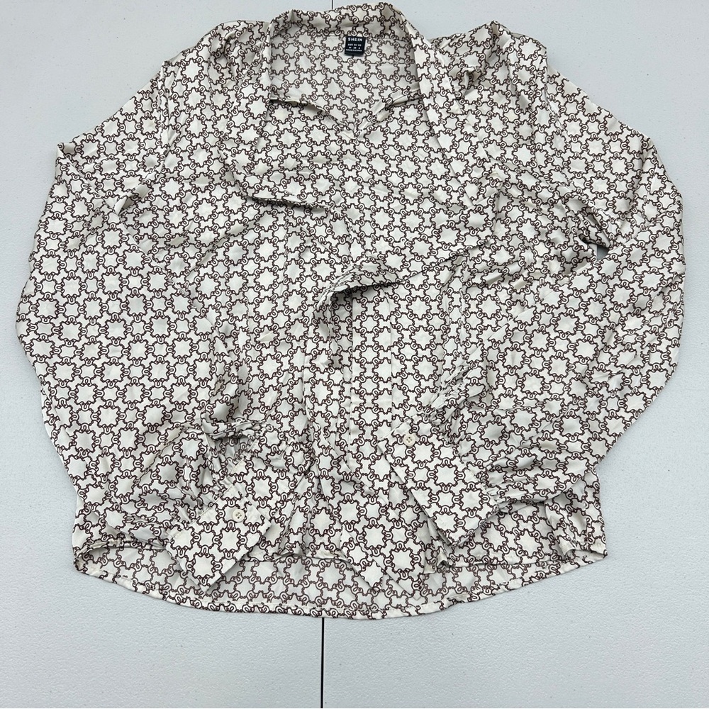 SHEIN Cream and Brown Geometric Blouse